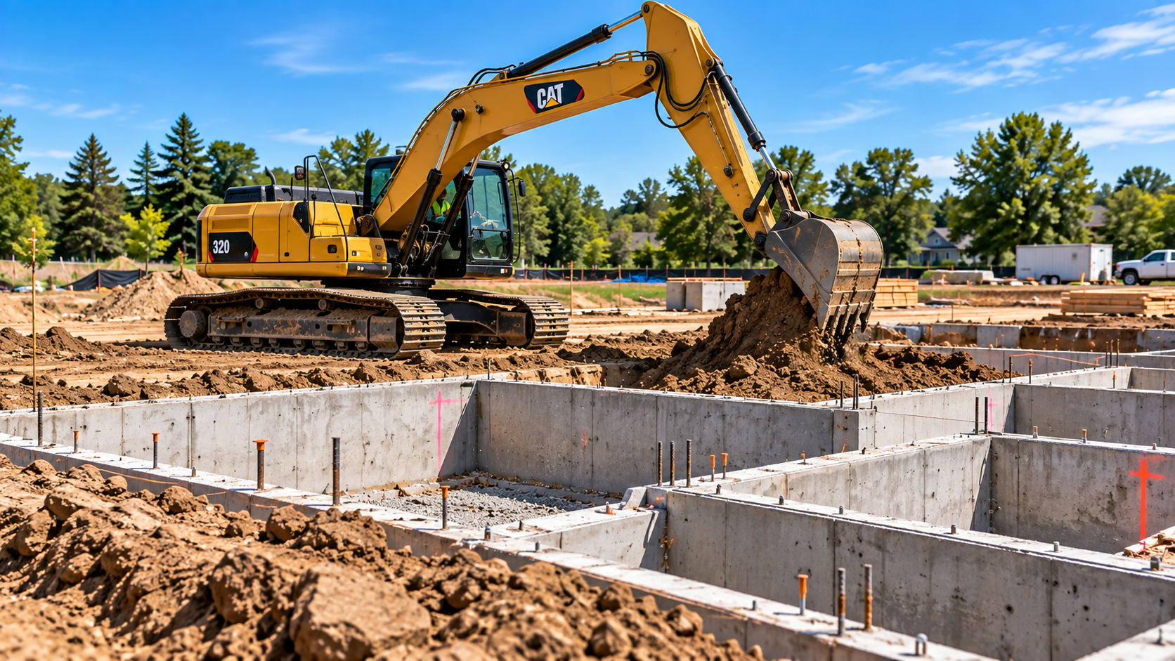 Excavator digging building footings to grade with iDig 2D machine control
