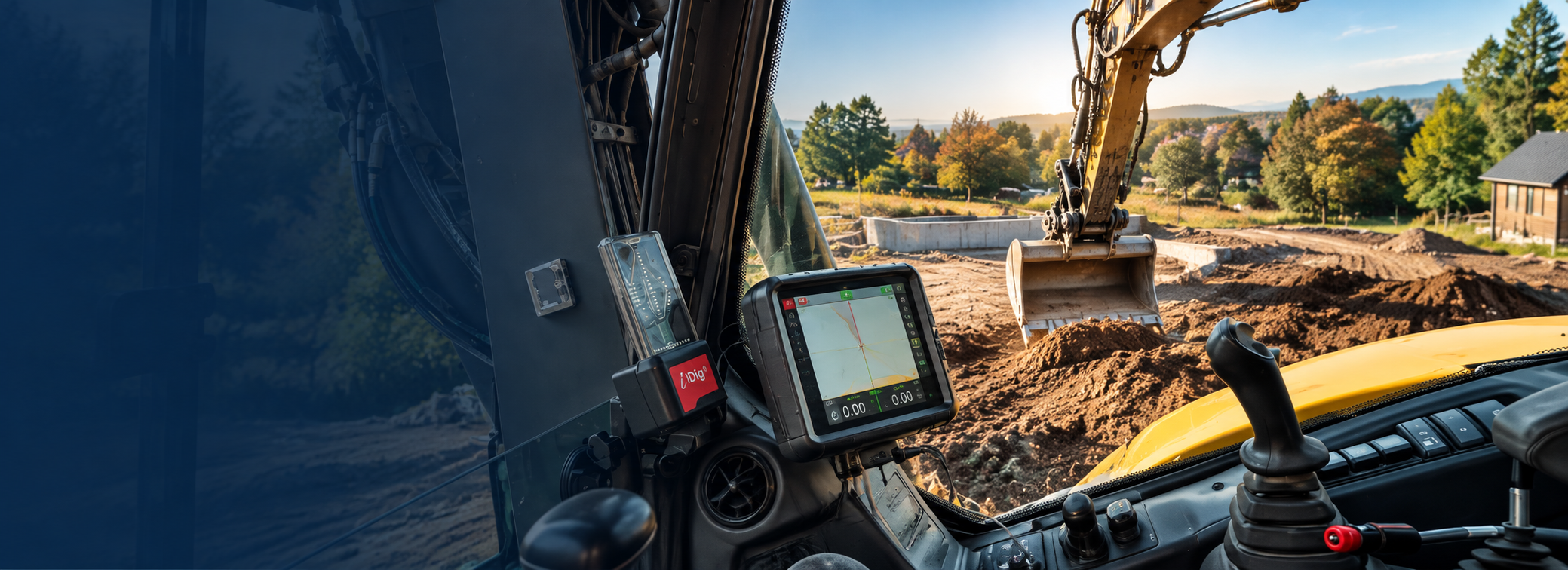 iDig CONNECT 2D+ control box and LED bargraph mounted in an excavator cab, bucket digging to grade