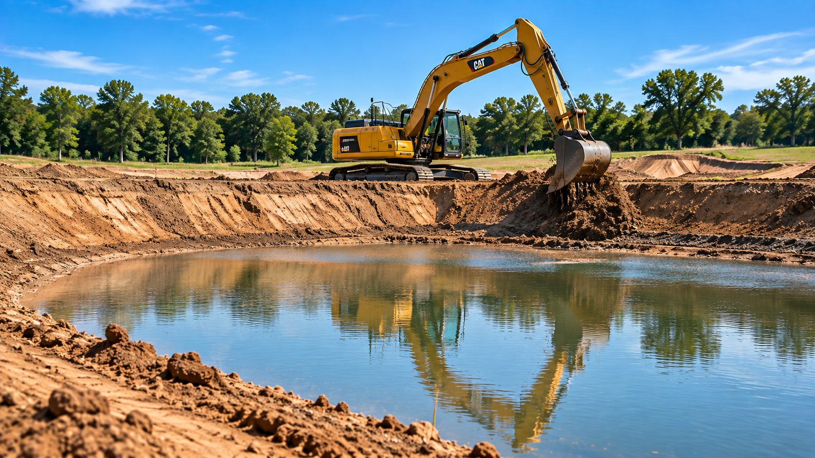 Excavator shaping a retention pond to design depth and slope with iDig 2D machine control