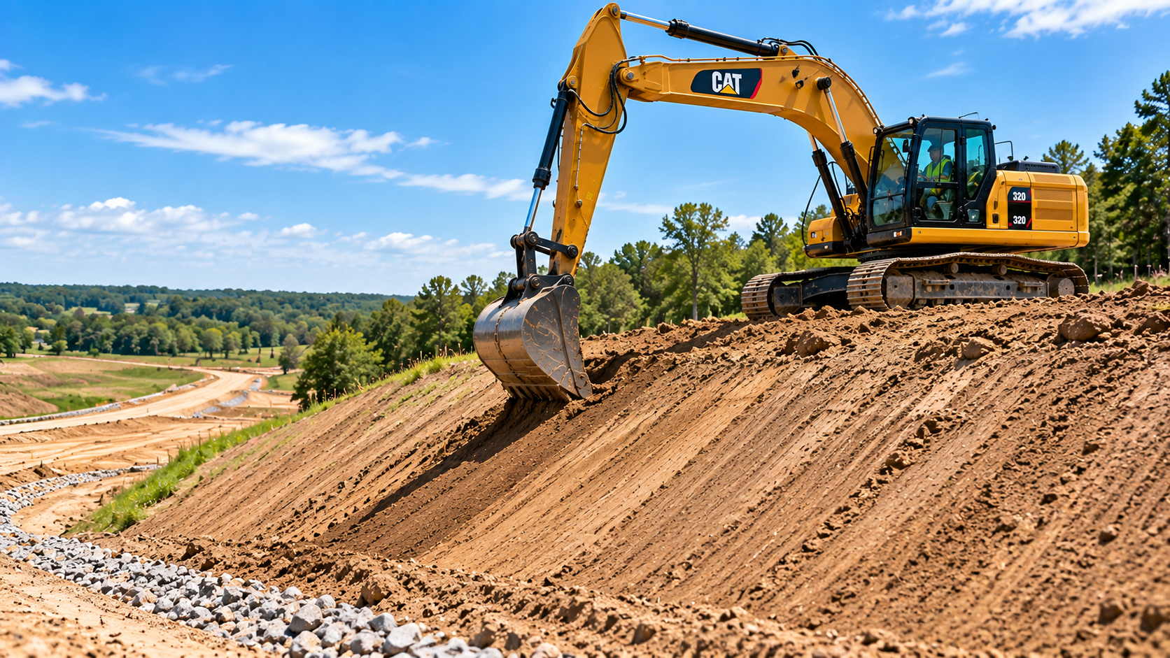 Excavator cutting a precise batter slope on an embankment with iDig 2D machine control