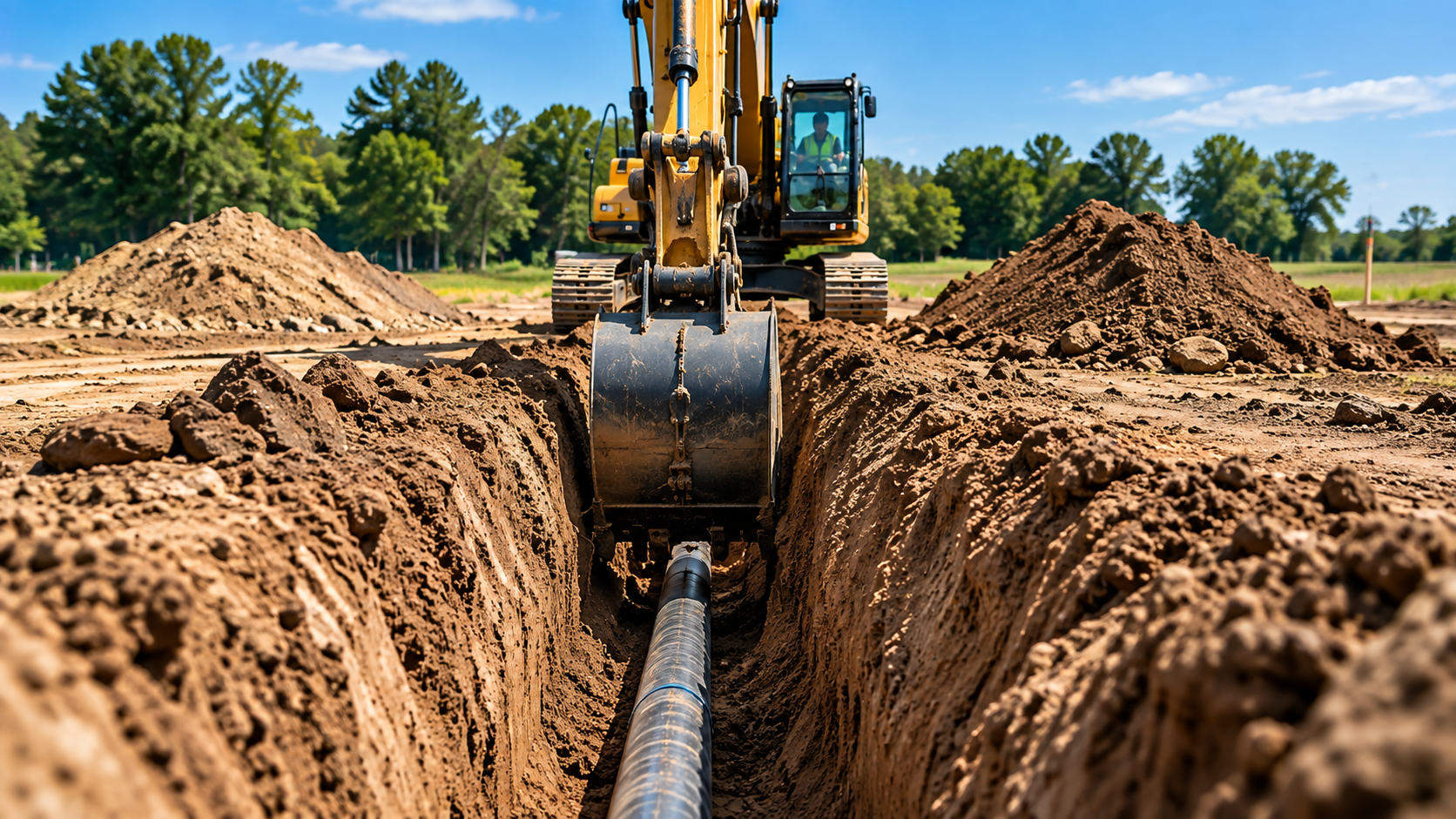 Excavator cutting a utility trench to consistent depth with iDig 2D machine control