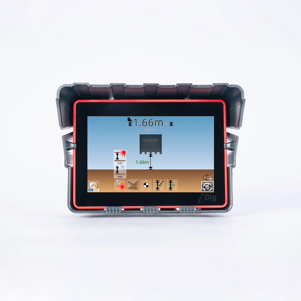iDig CONNECT iDig control box, a 7 inch sunlight-readable tablet, in its cab cradle