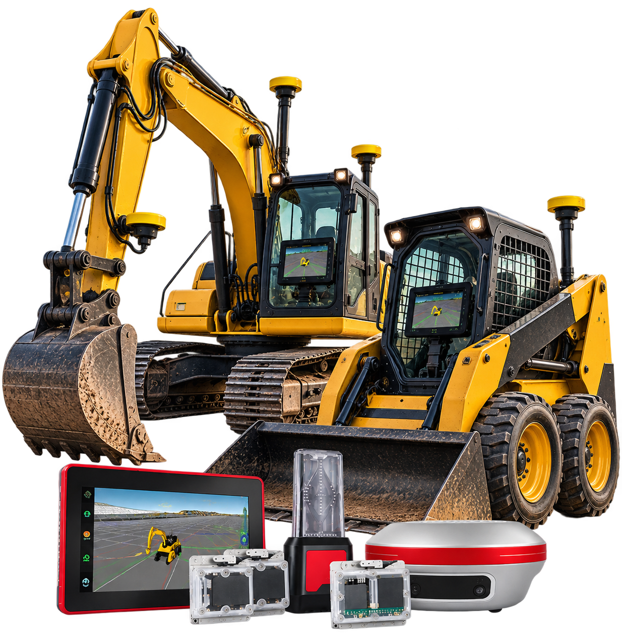 iDig machine control on a skid steer and an excavator, GNSS receivers mounted on both cab roofs, shown with the control box tablet, LED bargraph, wireless solar sensors and SpotMan GNSS receiver