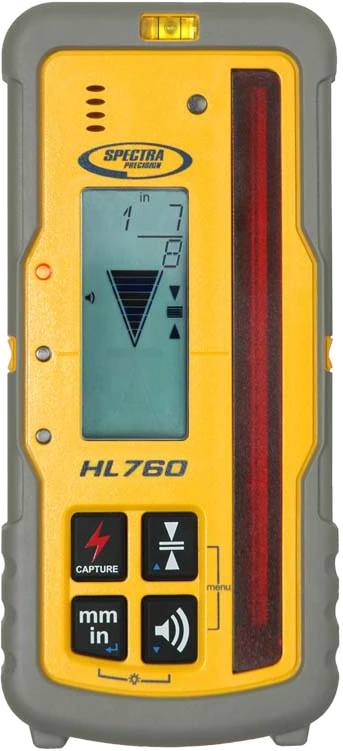 Spectra Precision HL760 digital readout laser receiver, front view &mdash; LCD showing a fractional-inch cut-and-fill reading above the detection window