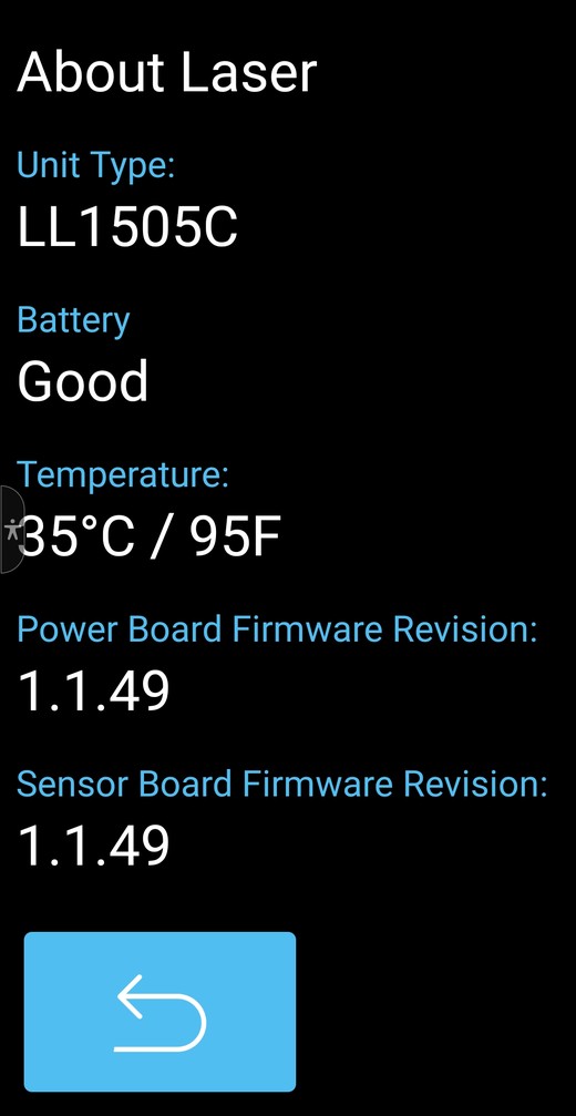 Spectra Laser Remote app About Laser screen showing unit type LL1505C, battery good, temperature and firmware revisions