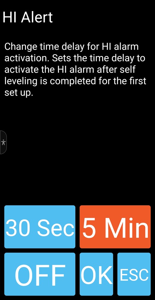 Spectra Laser Remote app HI alert delay screen with 30 seconds, 5 minutes and OFF options