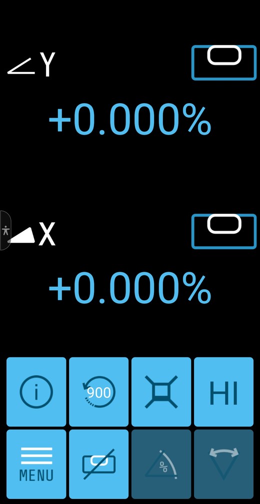 Spectra Laser Remote app home screen on an LL1505C showing the Y and X readout and the eight control tiles