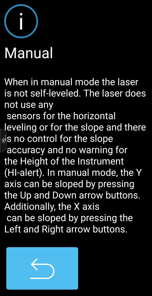 Spectra Laser Remote app info text warning for manual mode on the LL1505C