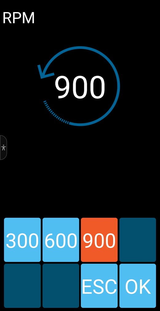 Spectra Laser Remote app rotation speed screen showing 300, 600 and 900 rpm with 900 selected