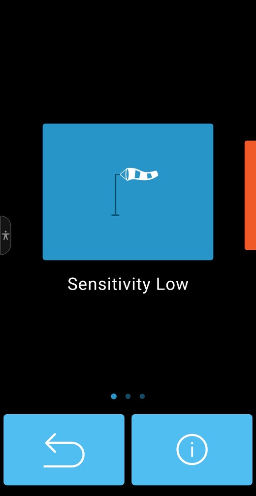 Spectra Laser Remote app sensitivity setting showing the windsock icon on Low