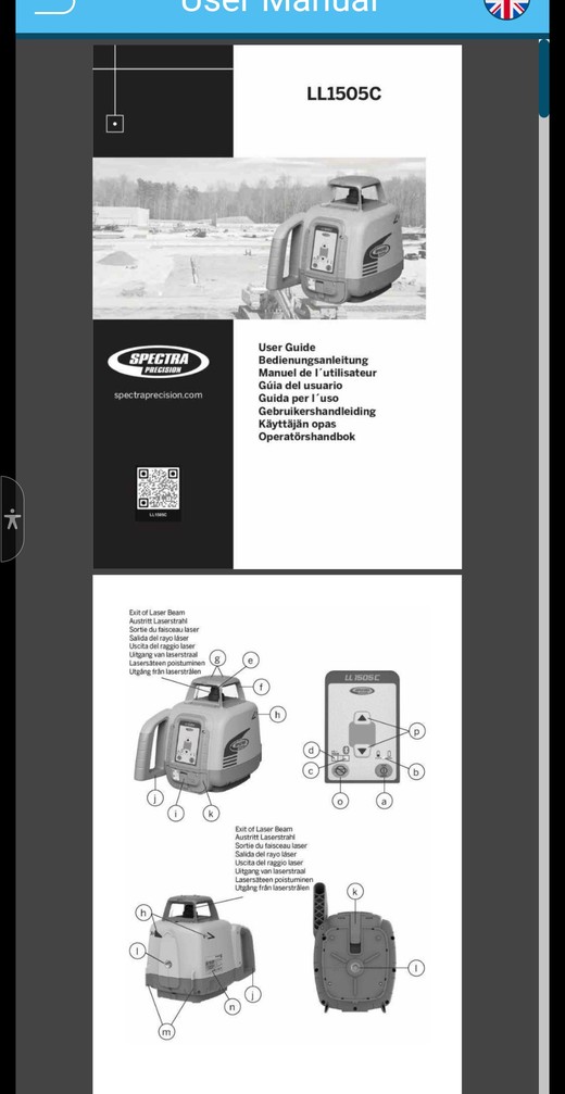 The full LL1505C user guide open inside the Spectra Laser Remote app