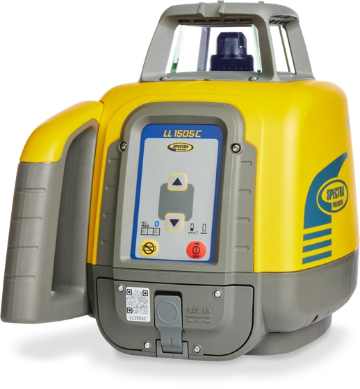 Spectra Precision LL1505C self-leveling rotary laser, three-quarter view &mdash; control panel, rotor cage and carry handles