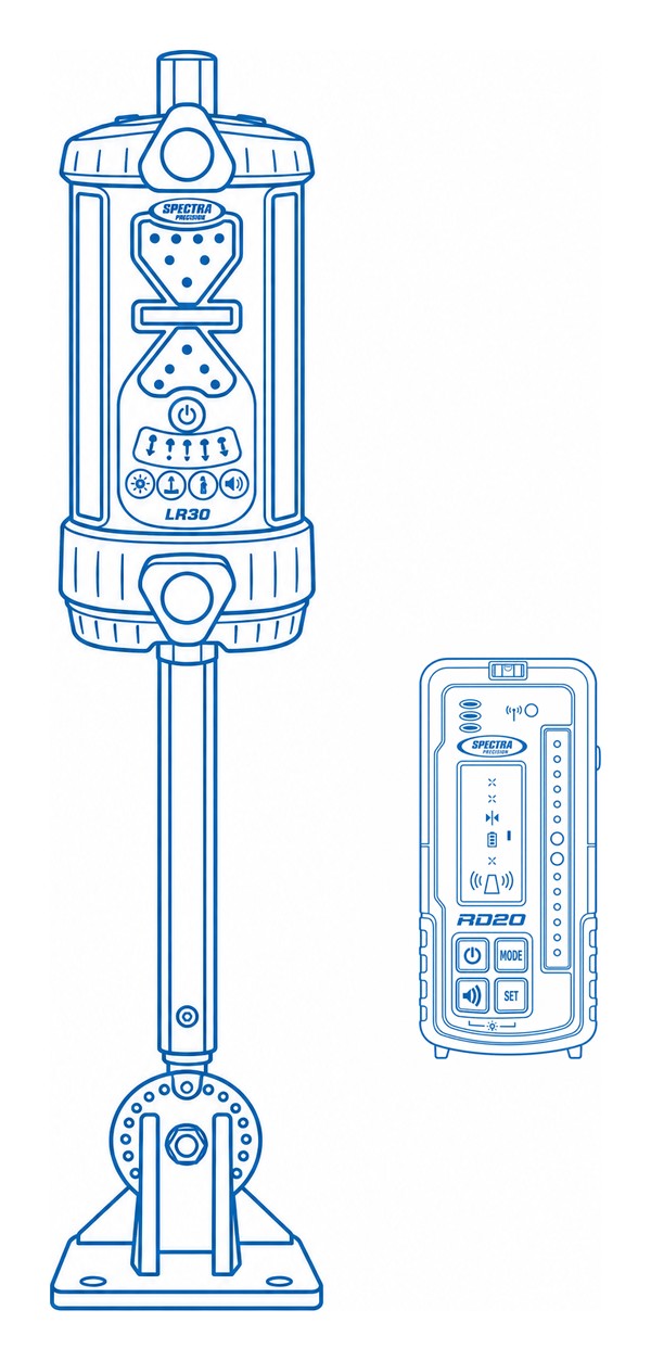 Line drawing of the Spectra LR30W machine receiver on the DM-20 dozer mast with the RD20 wireless in-cab display