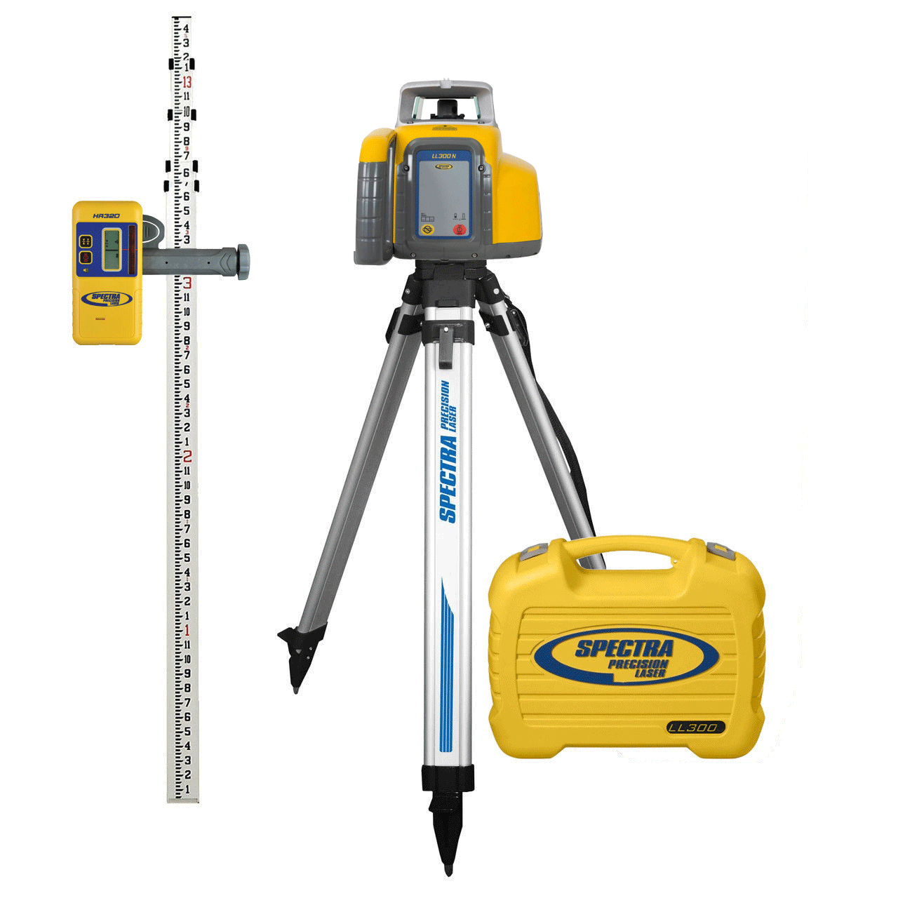 Spectra Precision LL300N-81 kit &mdash; LL300N laser on the ALQR20 tripod, HR320 receiver with its C59 clamp on the 15 ft SitePRO 11-815-T grade rod marked in tenths, and the carrying case