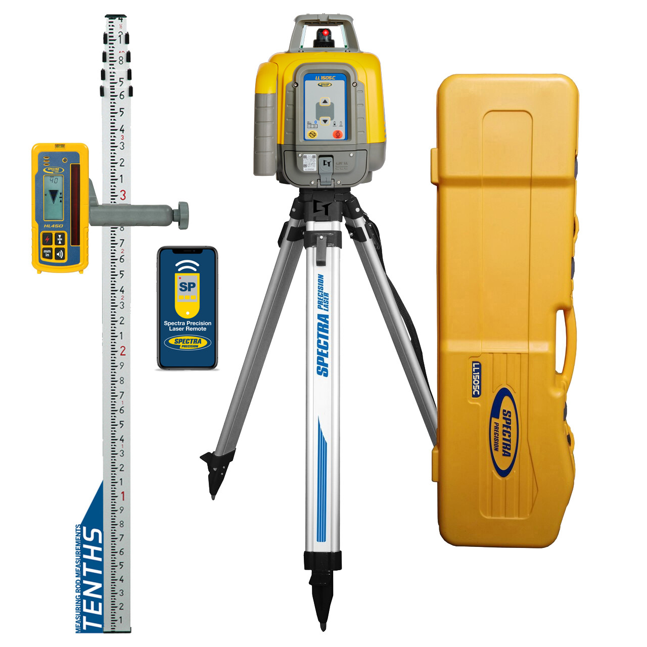 Spectra Precision LL1505C-1A complete kit &mdash; LL1505C laser on the Q104025 tripod, HL450 receiver with C45 clamp, GR151 15 ft tenths grade rod and the 128995-00 large system carrying case