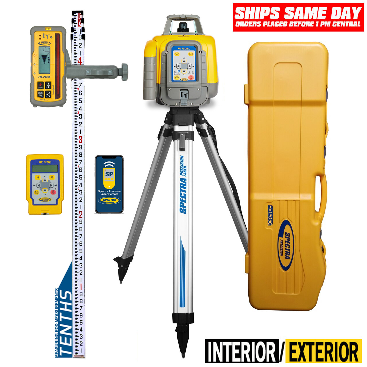 Spectra Precision HV1305C-SC-1 Horiz/Vert - Interior/Exterior RED Beam Laser Package with HL760 Receiver, Remote, TENTHS Rod, Tripod and Large Case - Rechargeable view 6