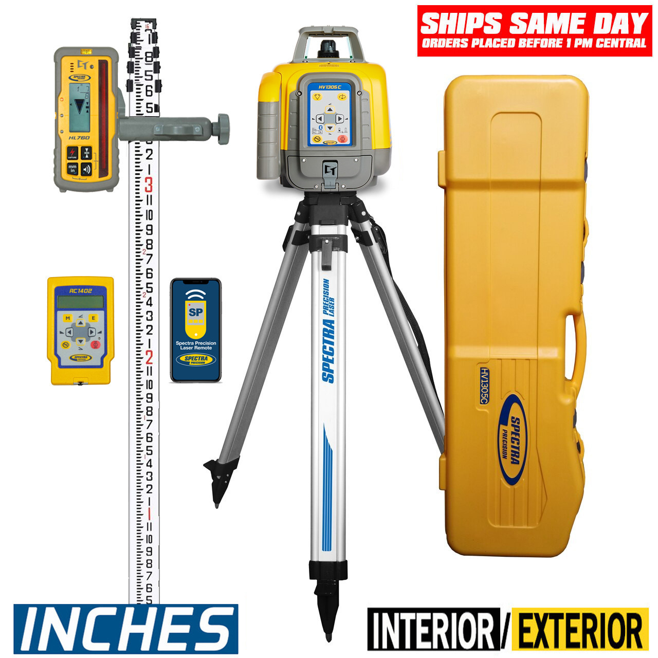 Spectra Precision HV1305C-SC-2A Horiz/Vert - Interior/Exterior RED Beam Laser Package with HL760 Receiver, Remote, INCHES Rod, Tripod Large Case - ALKALINE view 6