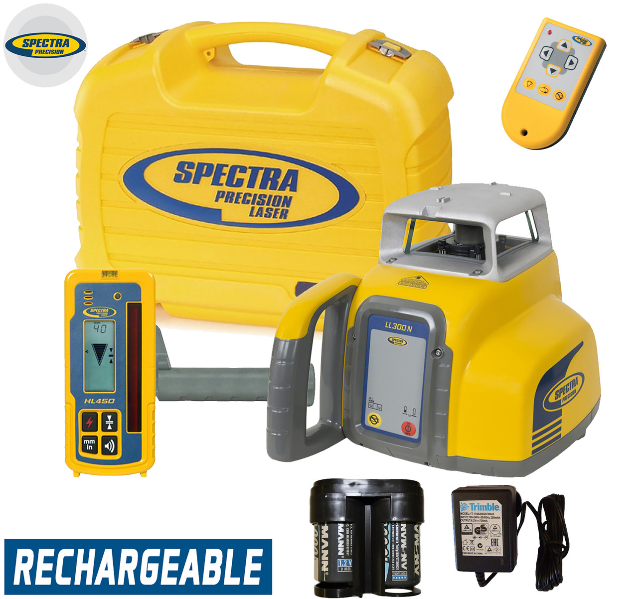 Spectra Precision LL300N-PRO kit &mdash; LL300N laser, HL450 digital readout receiver with its C45 clamp, RC601 remote, Q104234 rechargeable pack with charger, carrying case and D-cell batteries