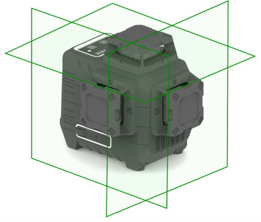 Plott PLL30-G 3X360 diagram showing all three green laser planes: horizontal sweeping every wall and two vertical planes crossing at 90 degrees for complete room coverage