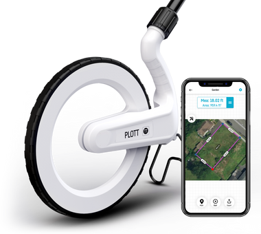 Plott Carta digital measuring wheel with smartphone phone mount — exploded product view on gray background