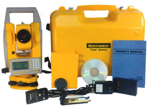Northwest Instruments NTS03 total station kit contents - instrument, yellow hard carrying case, rechargeable battery and charger, tools, CD and owner manual