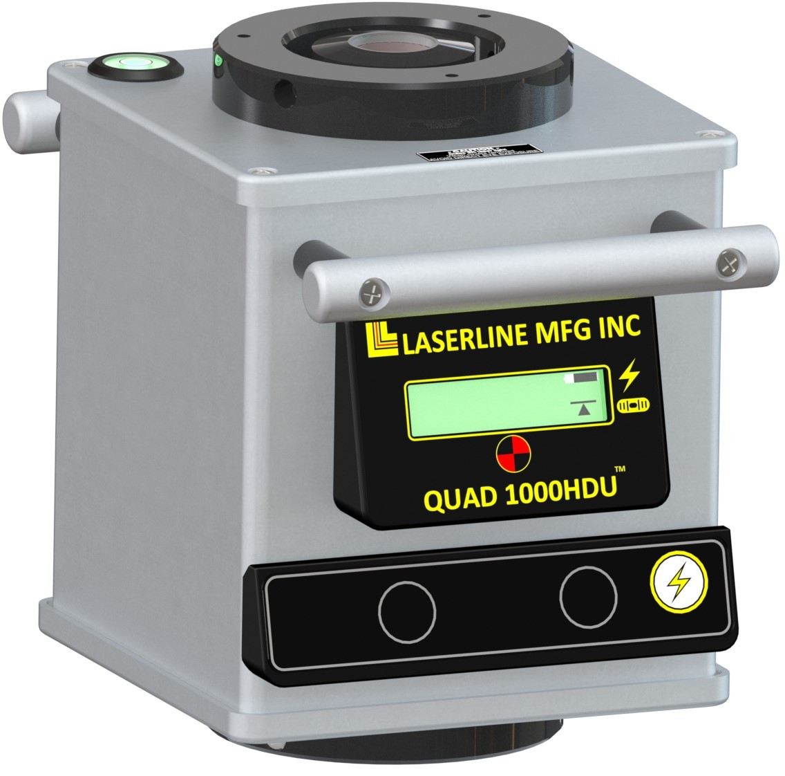 Front view of the LaserLine QUAD 1000HDU showing the backlit LCD display and power button