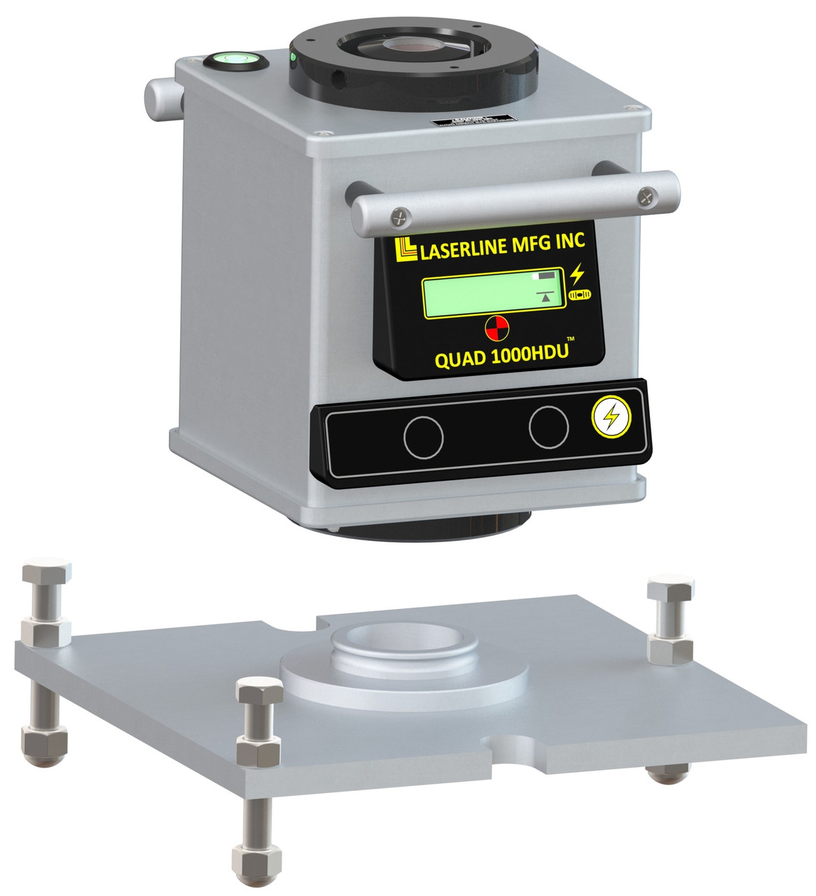 LaserLine QUAD 1000HDU vertical control laser shown above its three-point levelling trivet mount