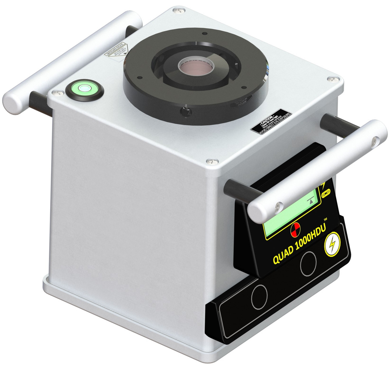 Top view of the QUAD 1000HDU showing the laser aperture, bulls-eye bubble and certification labels