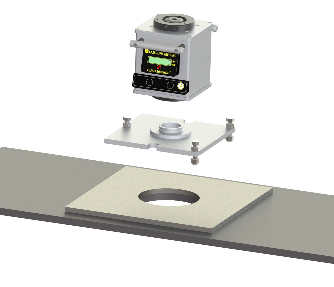 LaserLine QUAD 1000HDD trivet plate positioned over an oversized hole in a job-built steel platform
