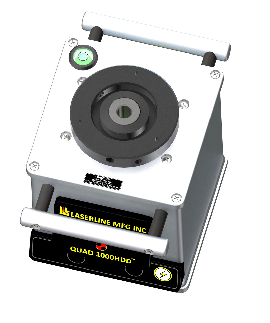 Top view of the LaserLine QUAD 1000HDD showing the 360 degree rotational quick mount, 5/8-11 prism thread and bulls-eye bubble