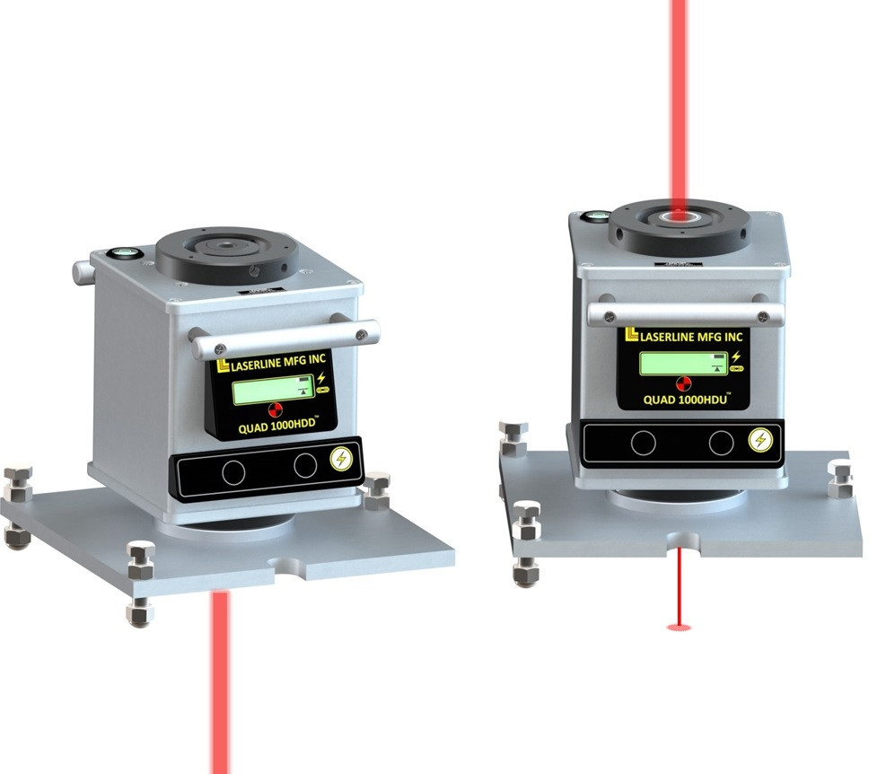 LaserLine QUAD 1000HDD shooting down beside the QUAD 1000HDU shooting up, showing the beam direction difference between the two HD Series models