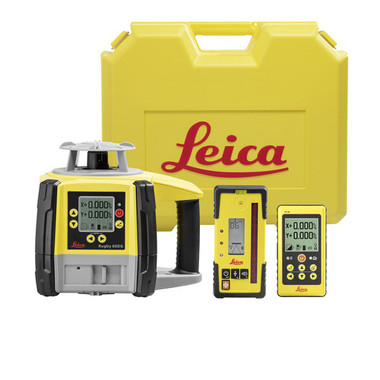 Leica Rugby 60DG fully automatic dual grade laser kit 6020269 — the laser, Rod Eye 105B digital receiver, RC60 remote control and yellow Leica carrying case