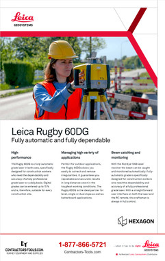 Page one of the Leica Rugby 60DG data sheet, document 1077863en, covering performance, applications and beam catching