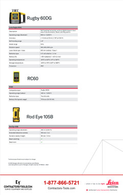 Page two of the Leica Rugby 60DG data sheet with the full specification tables for the laser, RC60 remote and Rod Eye 105B receiver