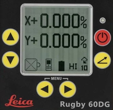 Leica Rugby 60DG control panel showing the X and Y axis grade display, arrow keys, menu keys and power button