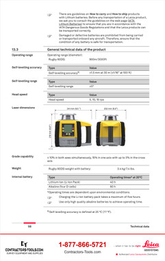Technical data page from the Leica Rugby 60DG user manual listing grade capability, weight, dimensions and battery life