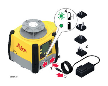 Charging the Leica Rugby 60DG lithium-ion battery pack in place, without removing it from the laser