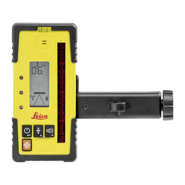Leica Rod Eye 105B digital laser receiver with rod bracket, showing millimetre numeric readout and beam catch button