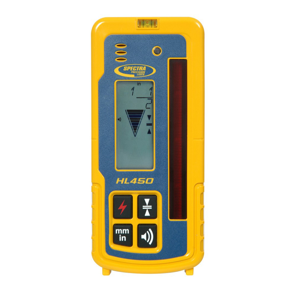 Spectra Precision HL450 digital readout laser receiver, front view &mdash; LCD showing an elevation in fractional inches