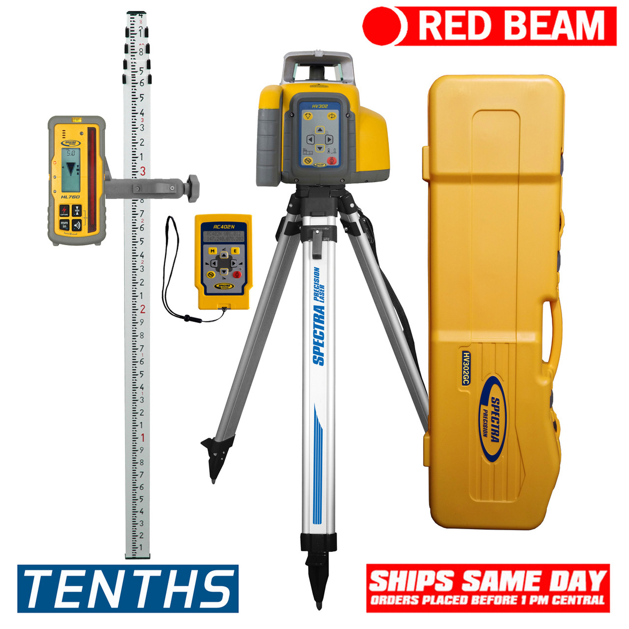 Spectra Precision HV302GC-1 Horiz/Vert - Interior/Exterior RED Beam Laser GC Package with Remote, HL760 Receiver, Rod in TENTHS and Tripod view 7