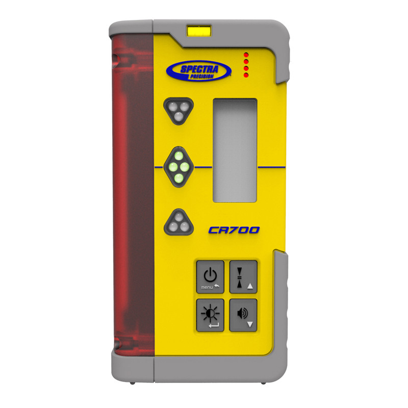 Spectra Precision CR700 multi-use laser receiver, front view &mdash; digital readout with LED grade indicators, rod or machine mountable