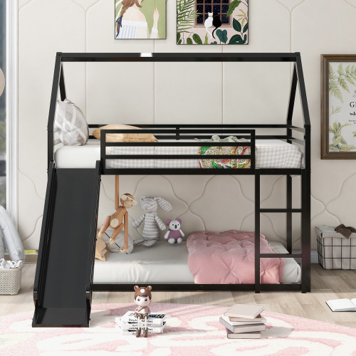 Twin over Twin House Bunk Bed with Ladder and Slide