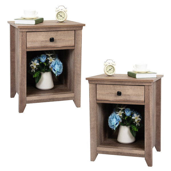 Set of 2 Farmhouse Nightstand, Wood Bedside Table with Drawer and Open Compartment, Light Brown XH