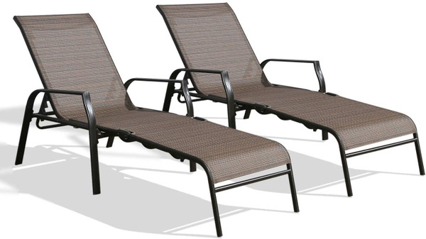 Patio Outdoor Chaise Lounge Chairs, Folding Sling Reclining Chaise Lounger Chair Fit Beach Yard Pool Patio with 5 Adjustable Positions, Brown Frame