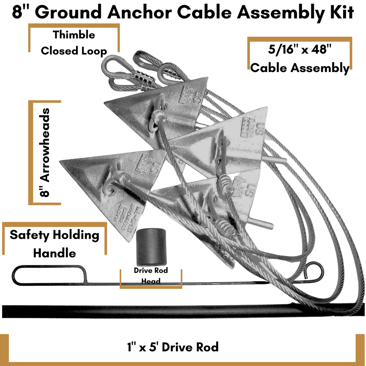 8" Ground Anchor Kit (Assemblies + Drive Rod Head + Drive Rod + Safety Holding Handle