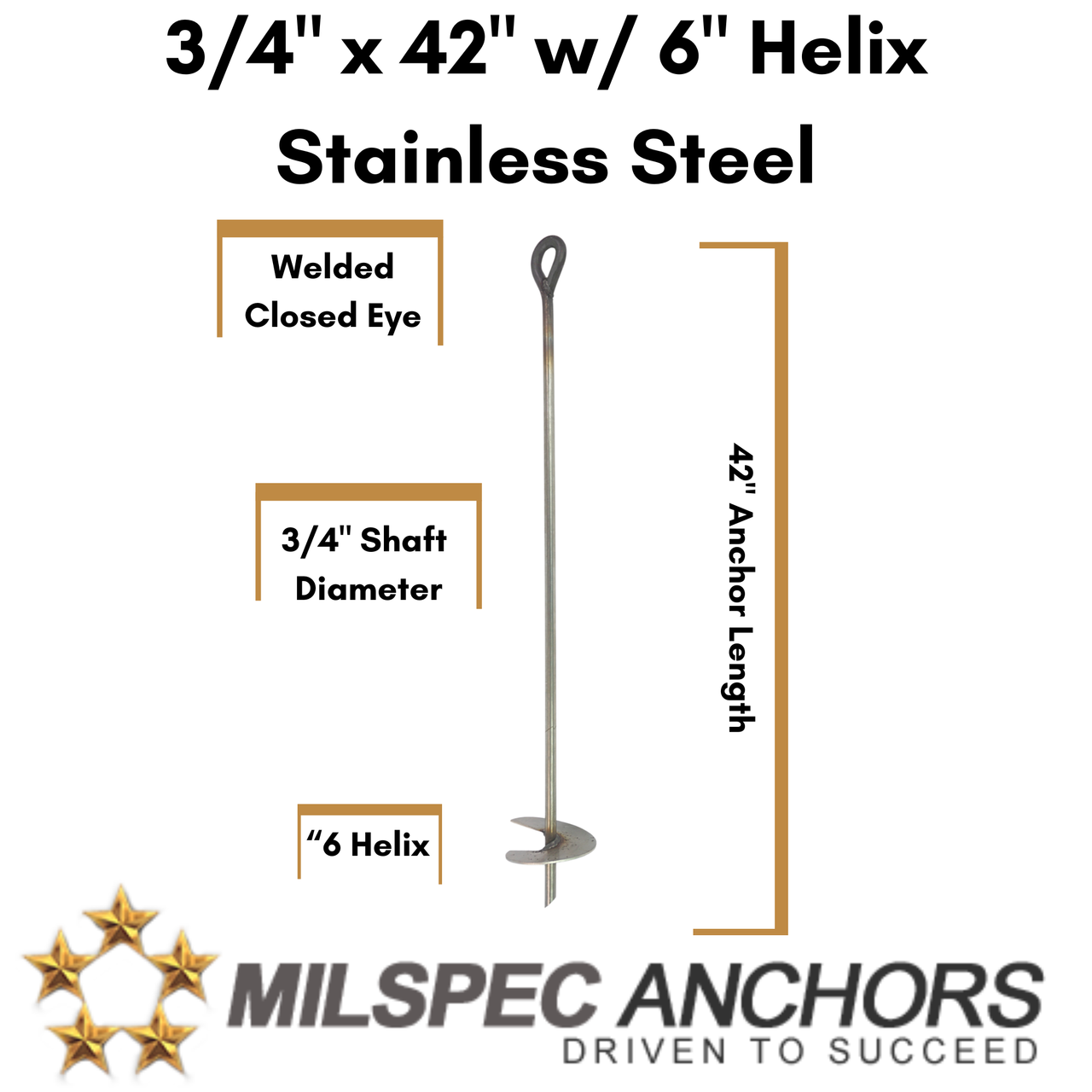 3/4" x 42 w/6" Helix Stainless Steel- Individual
