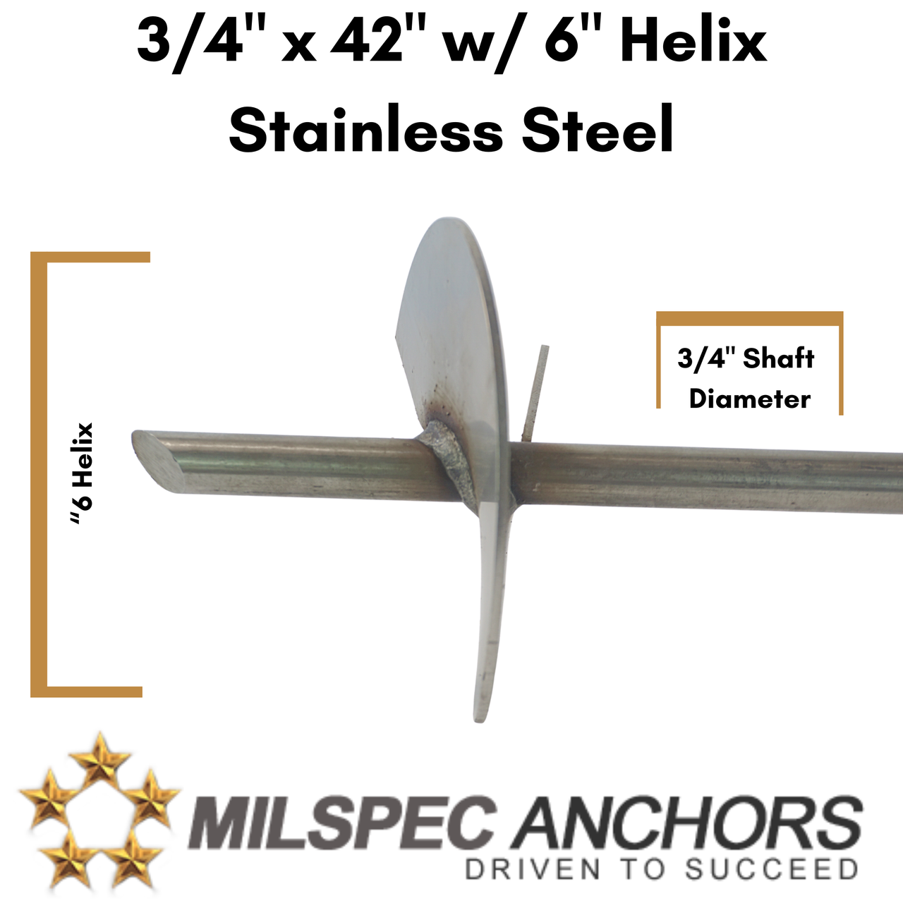 3/4" x 42 w/6" Helix Stainless Steel- Individual