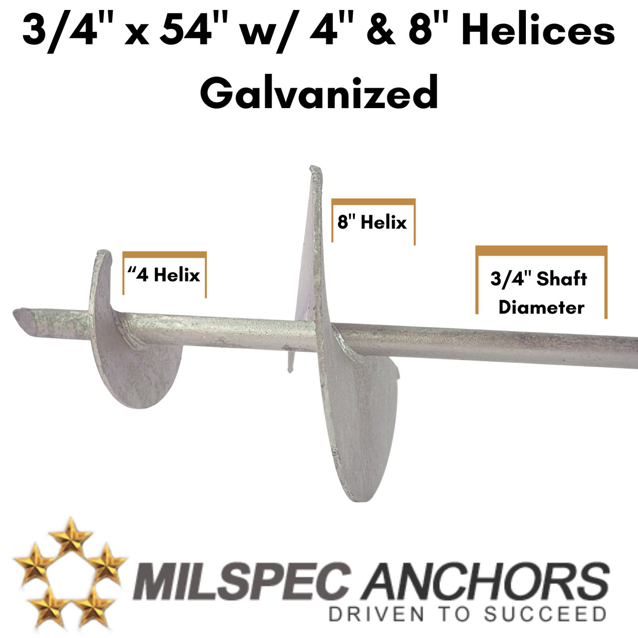 3/4" x 54" w/ 4" & 8" Helices Galvanized - Set of 2