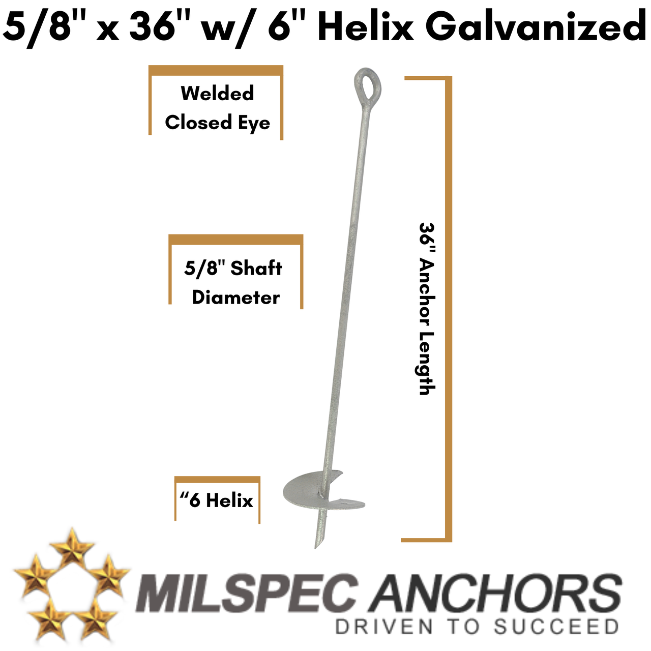 5/8" x 36" w/ 6" Helix Galvanized- Set of 4 