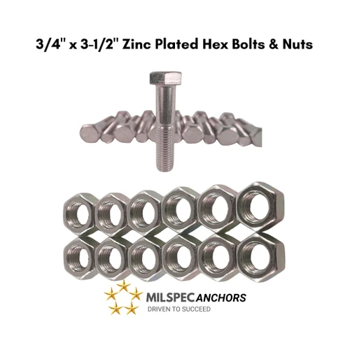 3/4" x 3-1/2" Zinc Plated Bolts & Nuts Pack of 12